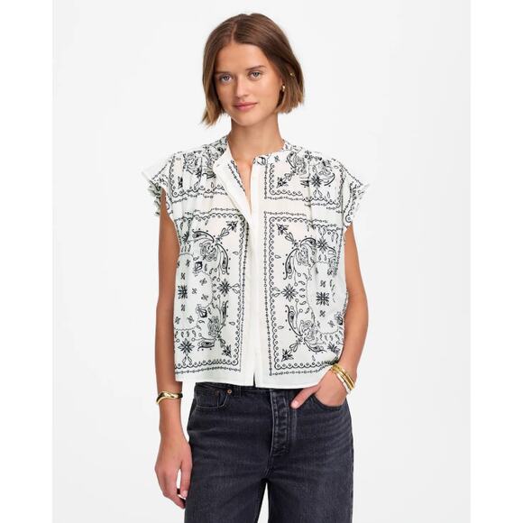 Madewell Tops - Madewell Poplin Shirred Button-Up Shirt M White Black Bandana-Style Embroidered